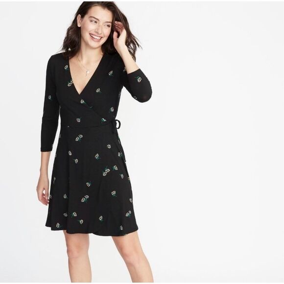 ✨Old Navy Black Yellow White Daisy Floral Mini Wrap Sz Large Dress✨ - Picture 1 of 10